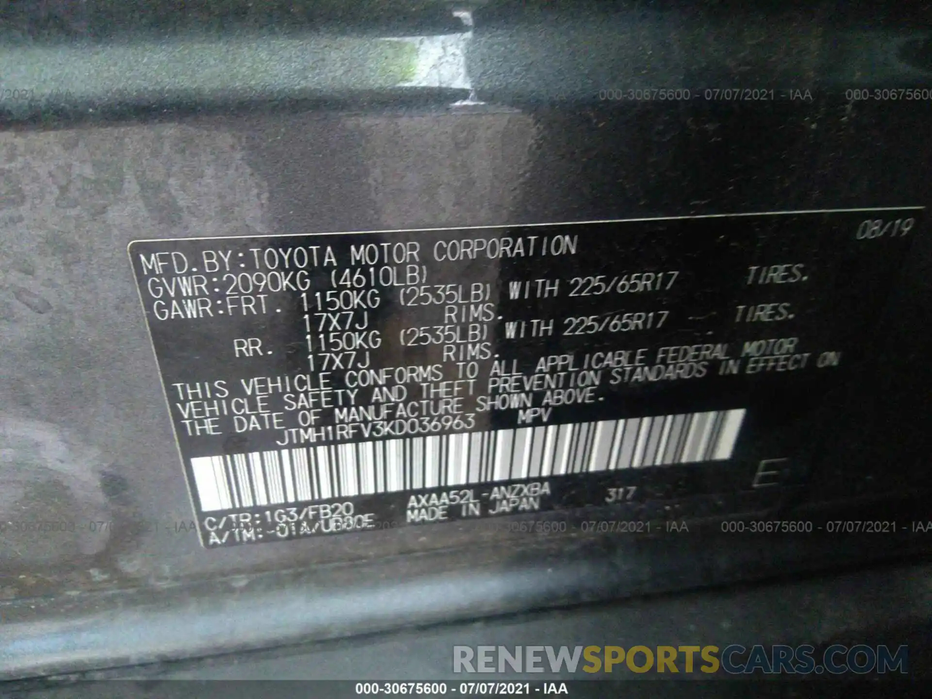 9 Фотография поврежденного автомобиля JTMH1RFV3KD036963 TOYOTA RAV4 2019