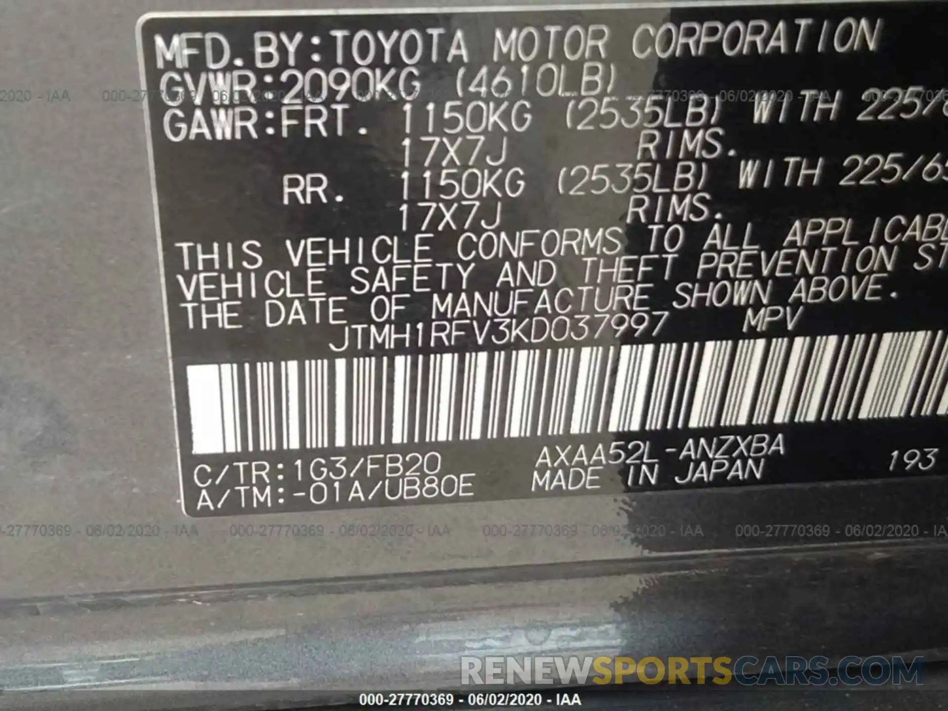 9 Фотография поврежденного автомобиля JTMH1RFV3KD037997 TOYOTA RAV4 2019