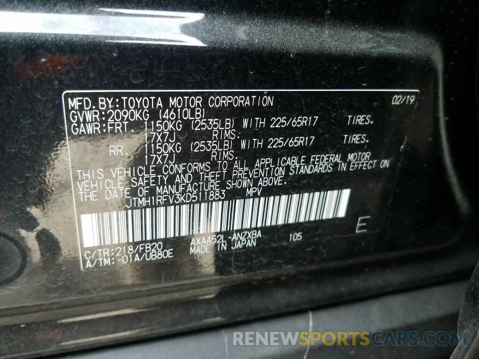 10 Фотография поврежденного автомобиля JTMH1RFV3KD511883 TOYOTA RAV4 2019