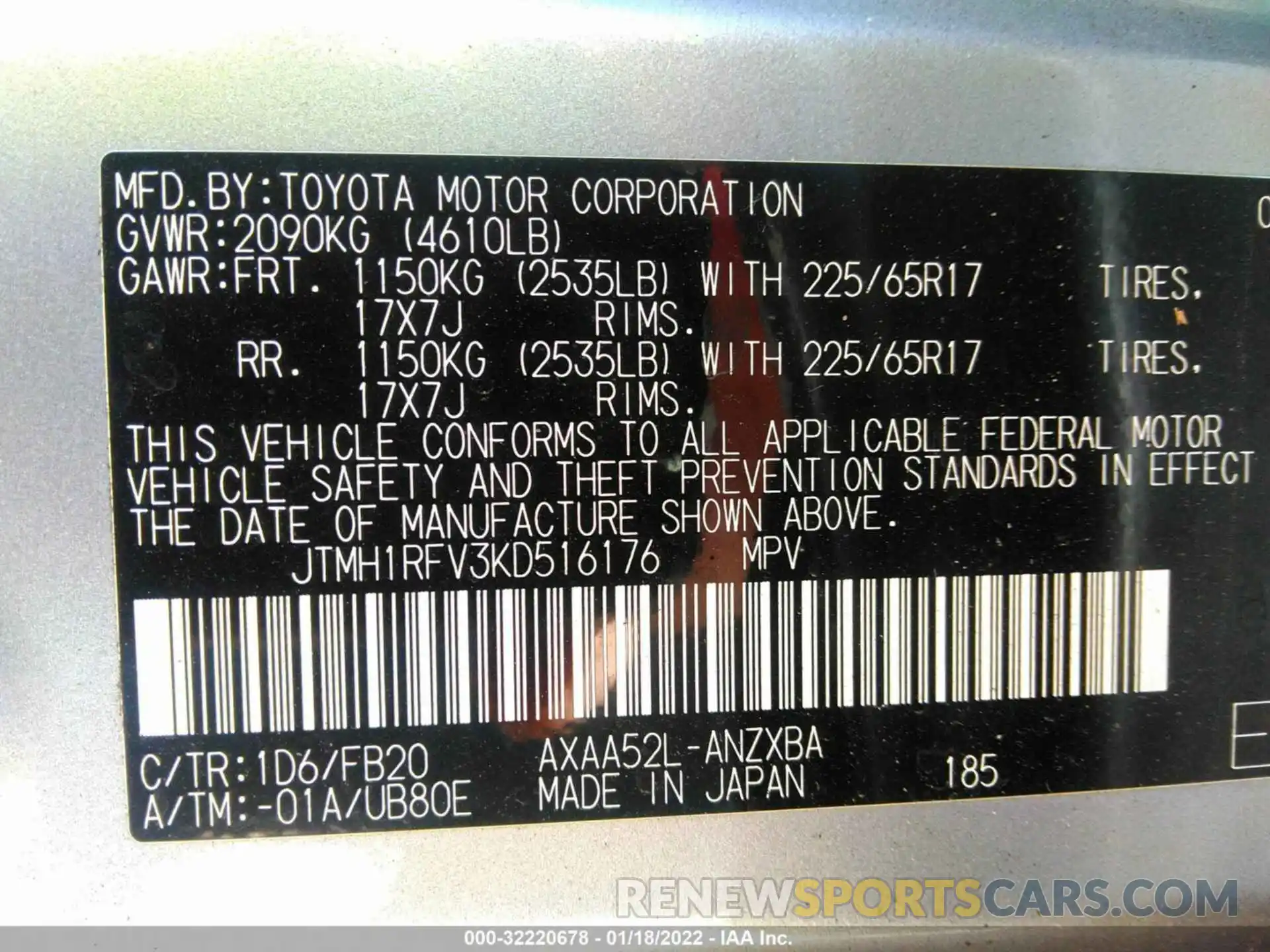 9 Фотография поврежденного автомобиля JTMH1RFV3KD516176 TOYOTA RAV4 2019