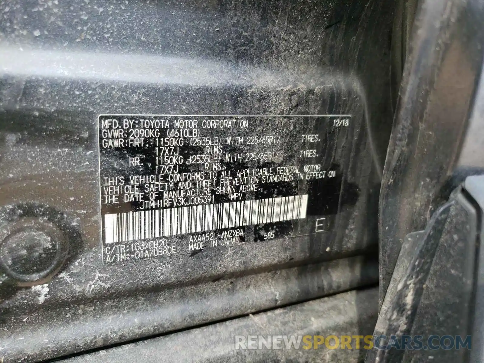 10 Photograph of a damaged car JTMH1RFV3KJ005391 TOYOTA RAV4 2019