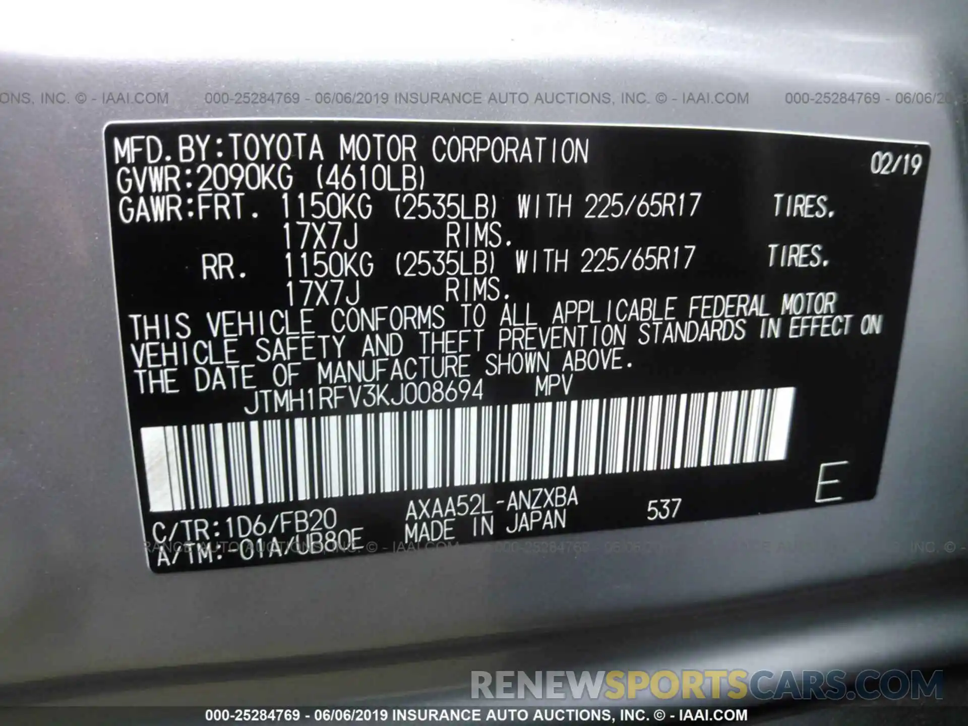 9 Фотография поврежденного автомобиля JTMH1RFV3KJ008694 TOYOTA RAV4 2019