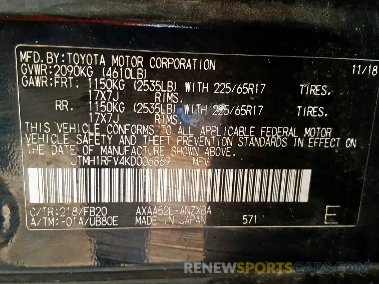 10 Фотография поврежденного автомобиля JTMH1RFV4KD006869 TOYOTA RAV4 2019