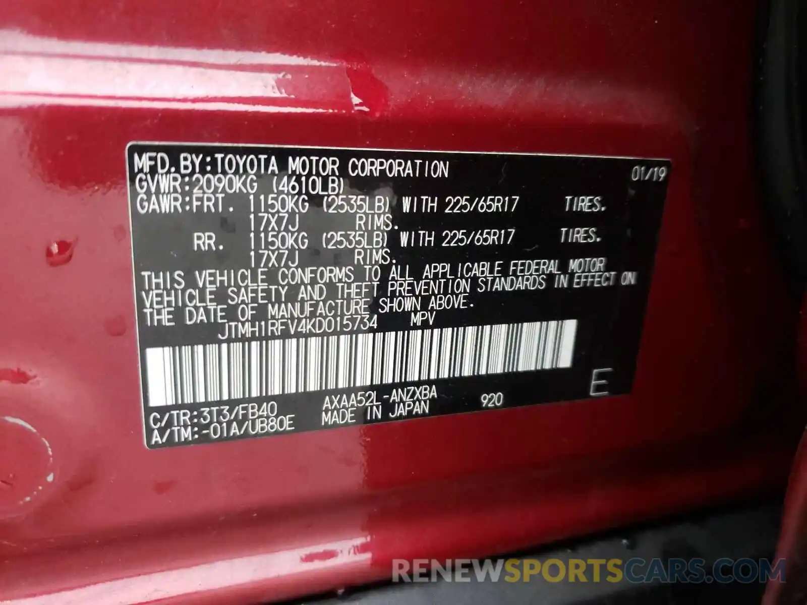 10 Фотография поврежденного автомобиля JTMH1RFV4KD015734 TOYOTA RAV4 2019