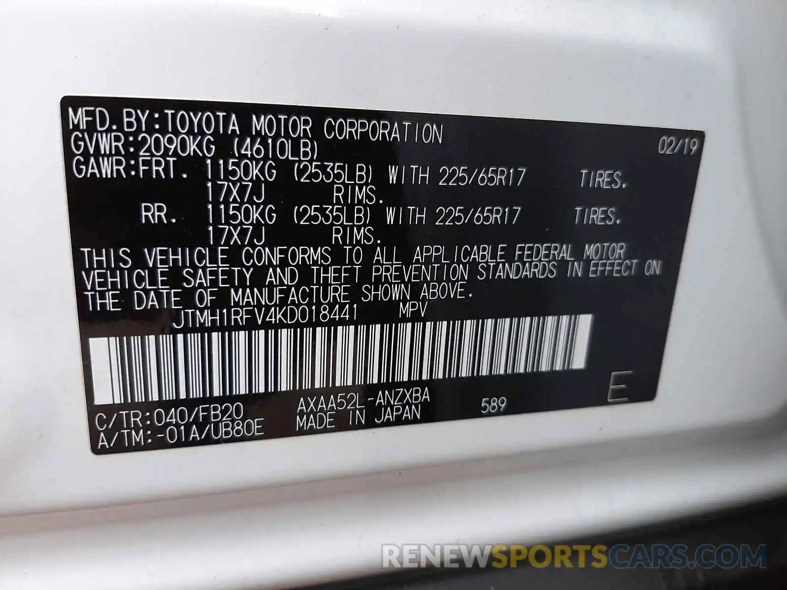 10 Фотография поврежденного автомобиля JTMH1RFV4KD018441 TOYOTA RAV4 2019