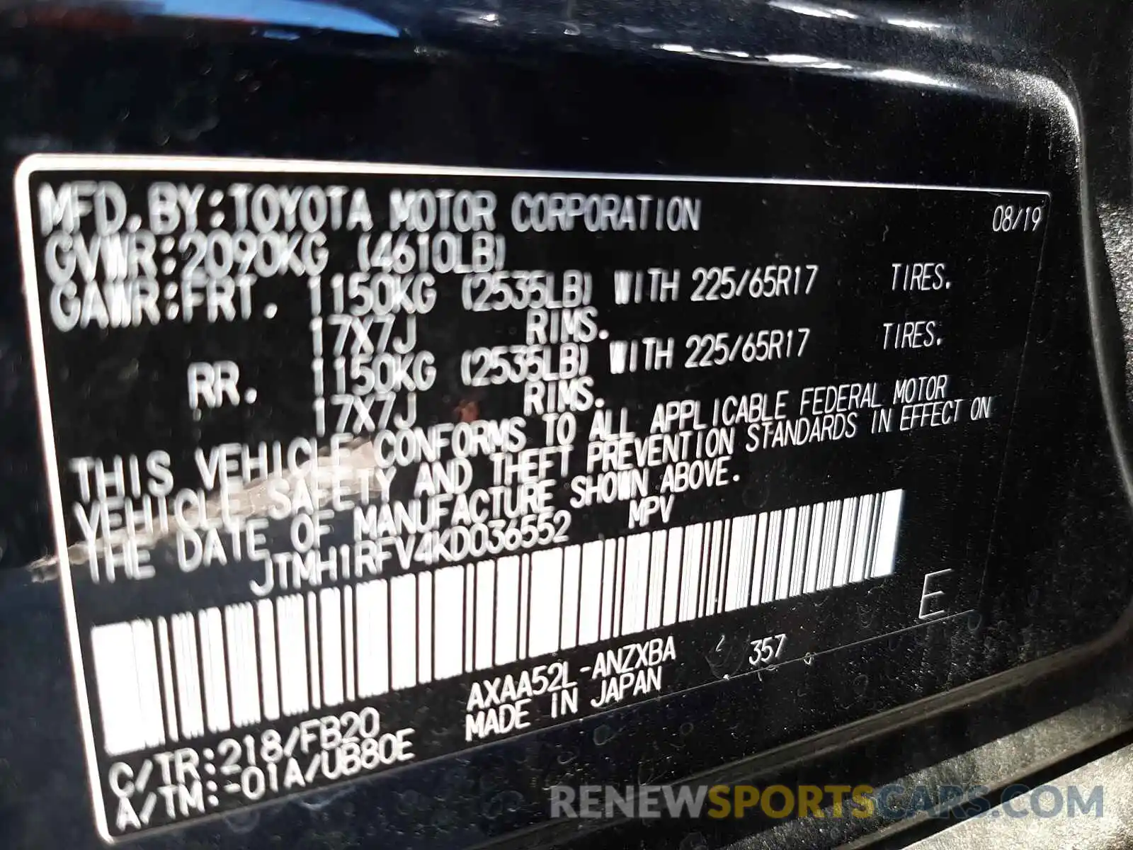 10 Фотография поврежденного автомобиля JTMH1RFV4KD036552 TOYOTA RAV4 2019