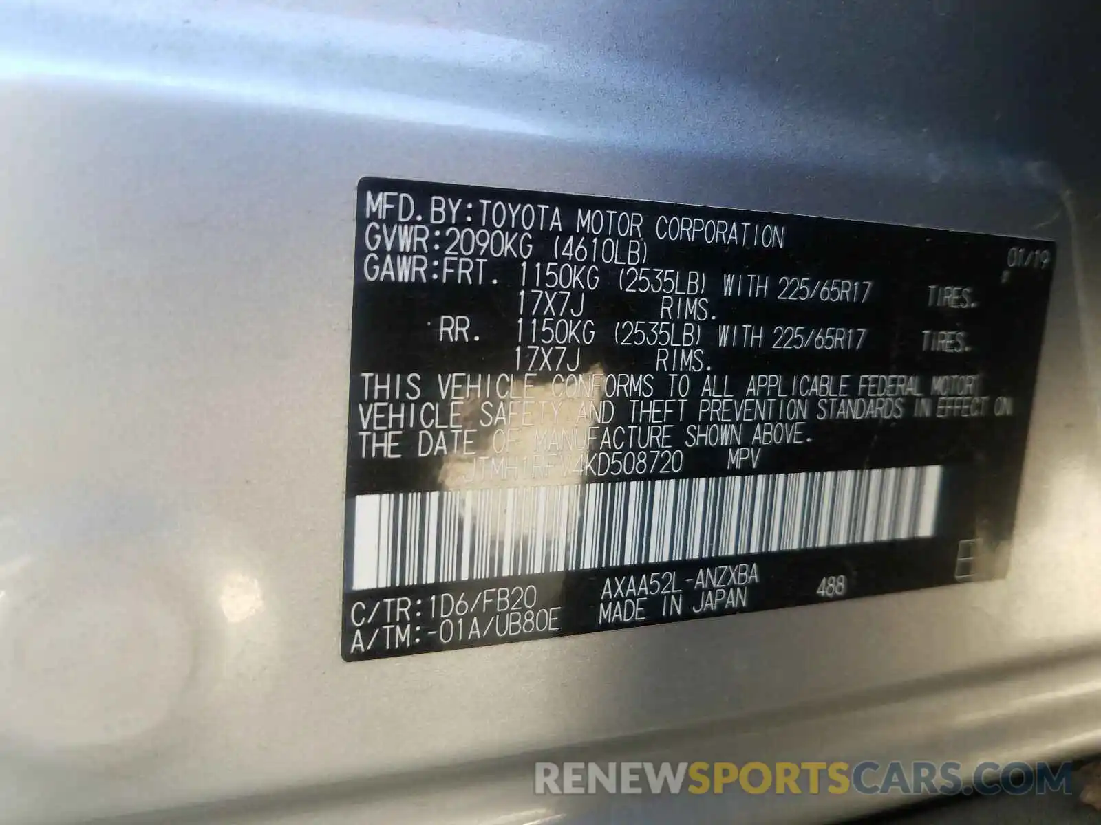 10 Photograph of a damaged car JTMH1RFV4KD508720 TOYOTA RAV4 2019