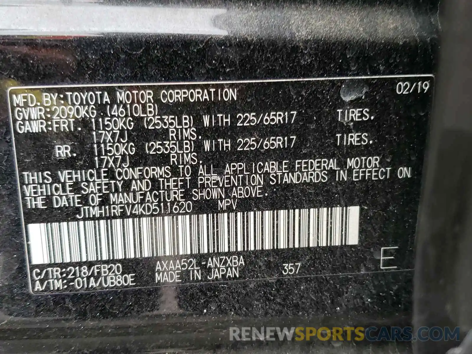 10 Фотография поврежденного автомобиля JTMH1RFV4KD511620 TOYOTA RAV4 2019