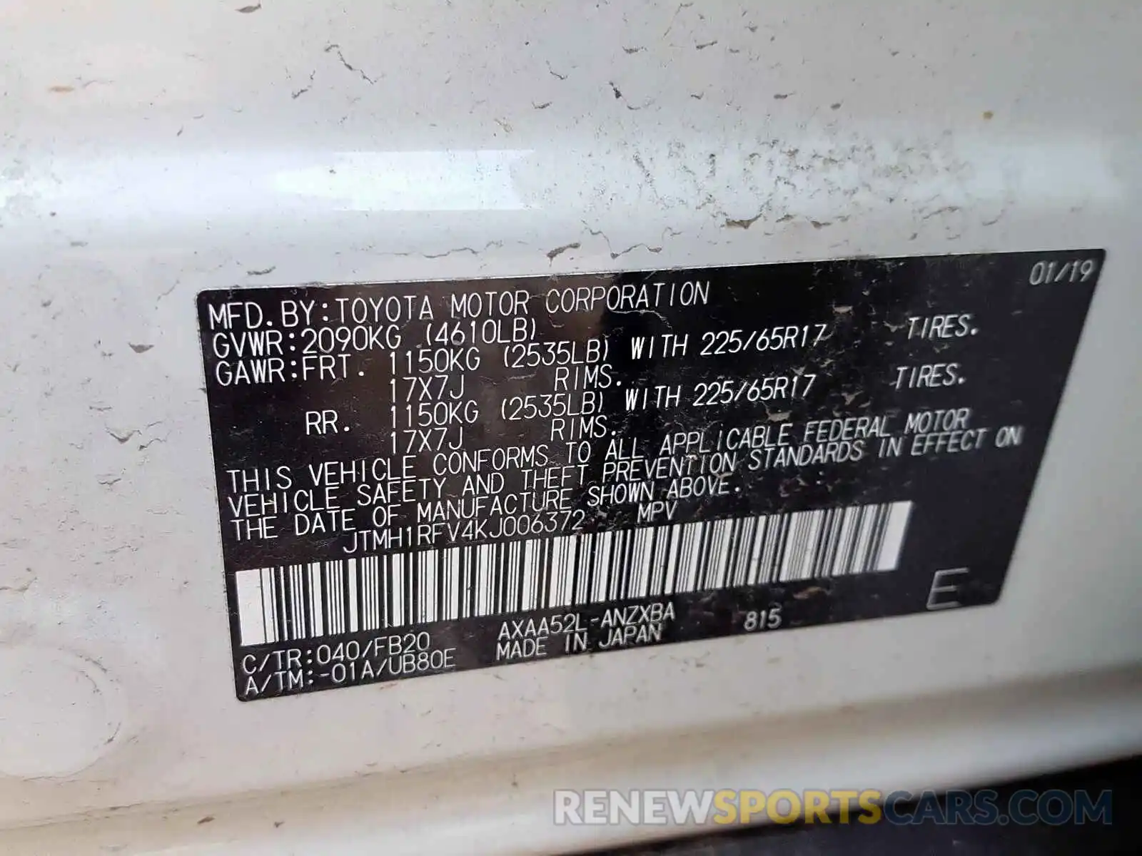 10 Photograph of a damaged car JTMH1RFV4KJ006372 TOYOTA RAV4 2019