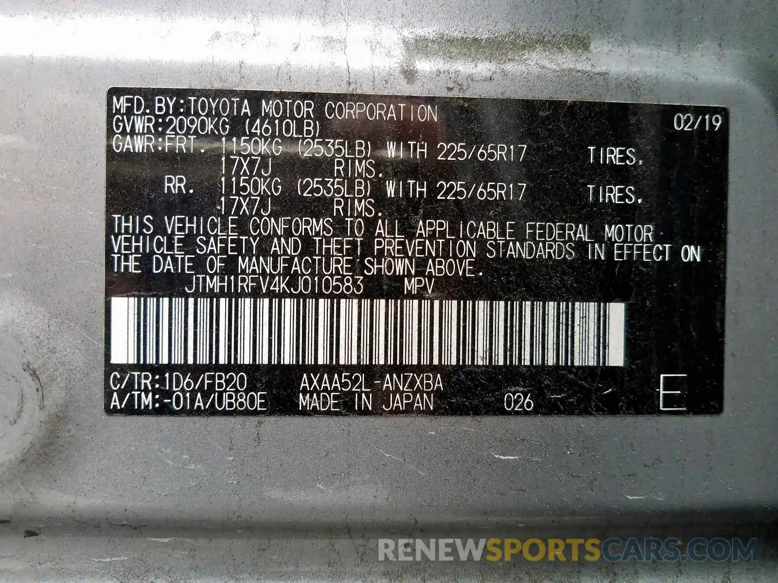 10 Фотография поврежденного автомобиля JTMH1RFV4KJ010583 TOYOTA RAV4 2019