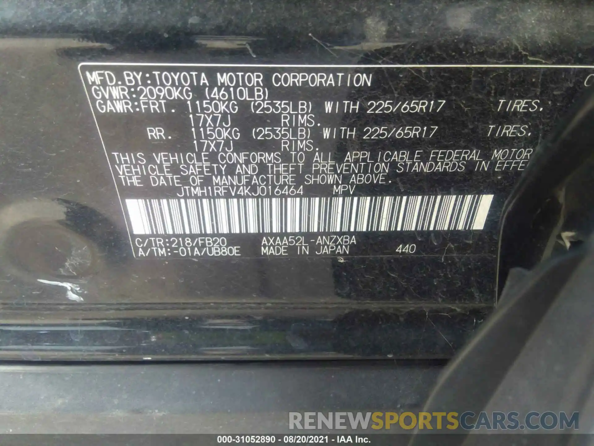 9 Фотография поврежденного автомобиля JTMH1RFV4KJ016464 TOYOTA RAV4 2019