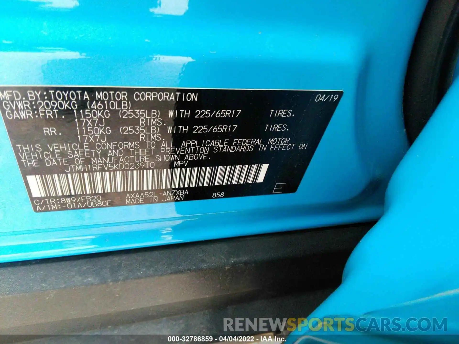 9 Фотография поврежденного автомобиля JTMH1RFV5KD023910 TOYOTA RAV4 2019