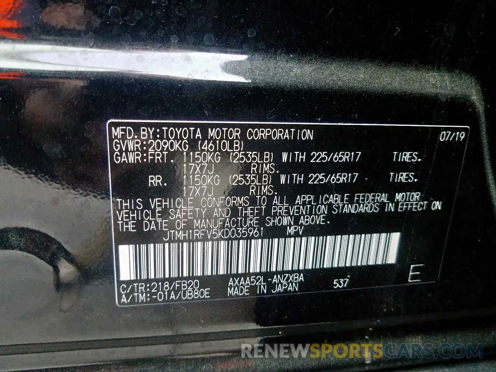 10 Фотография поврежденного автомобиля JTMH1RFV5KD035961 TOYOTA RAV4 2019