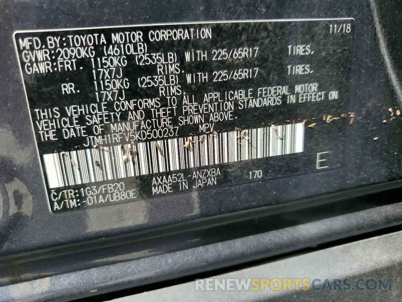 10 Фотография поврежденного автомобиля JTMH1RFV5KD500237 TOYOTA RAV4 2019