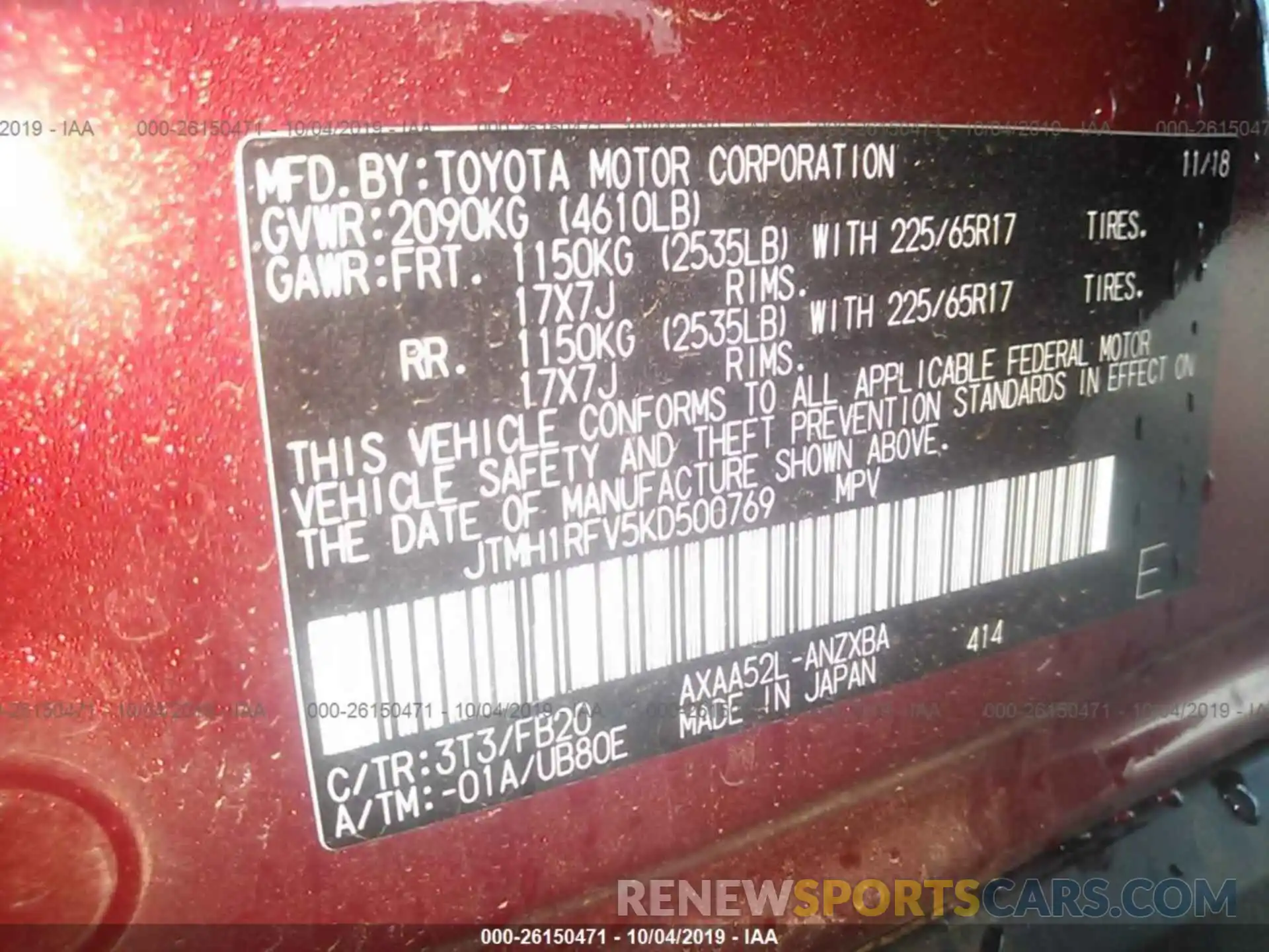 9 Фотография поврежденного автомобиля JTMH1RFV5KD500769 TOYOTA RAV4 2019