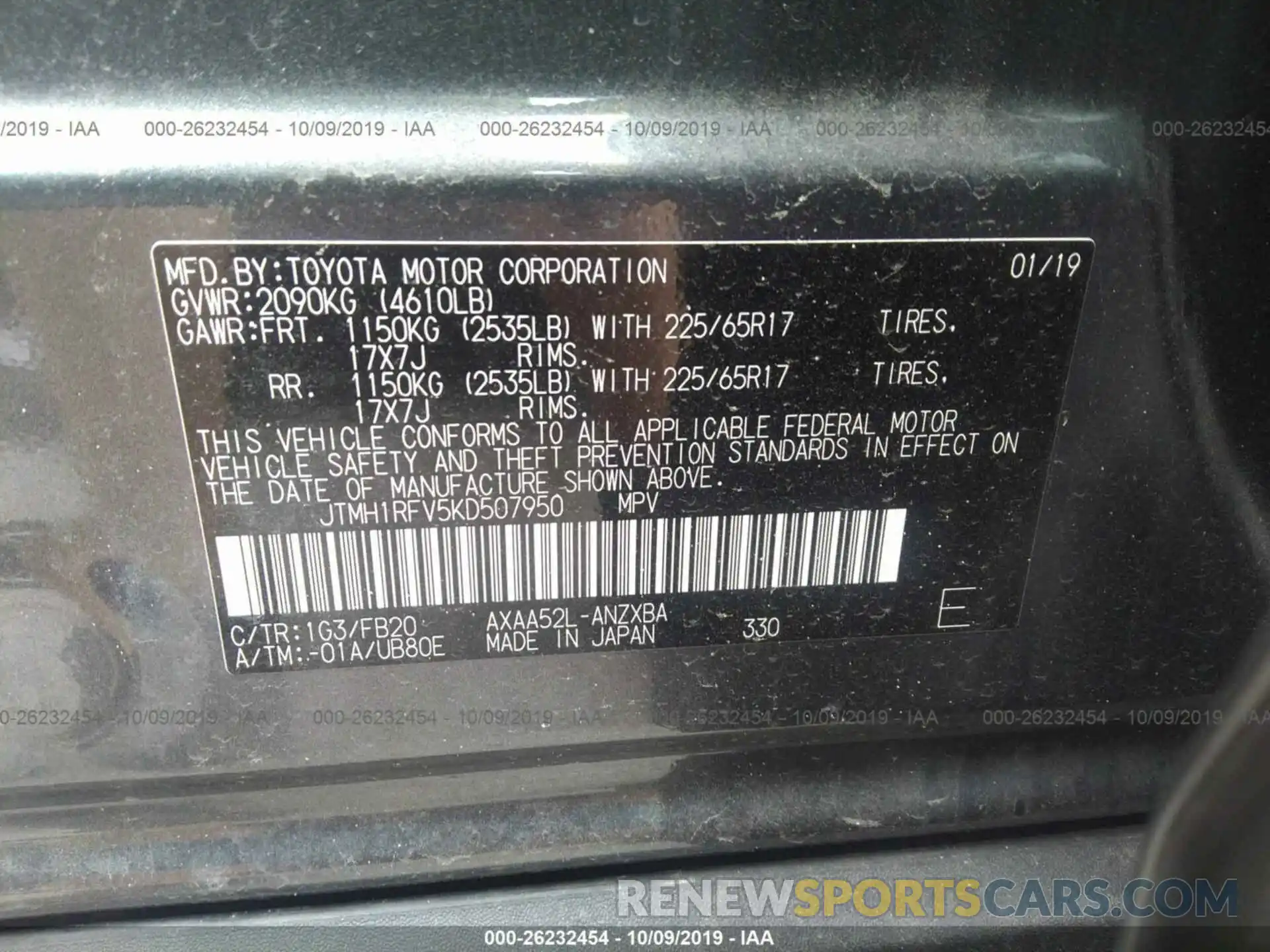 9 Фотография поврежденного автомобиля JTMH1RFV5KD507950 TOYOTA RAV4 2019