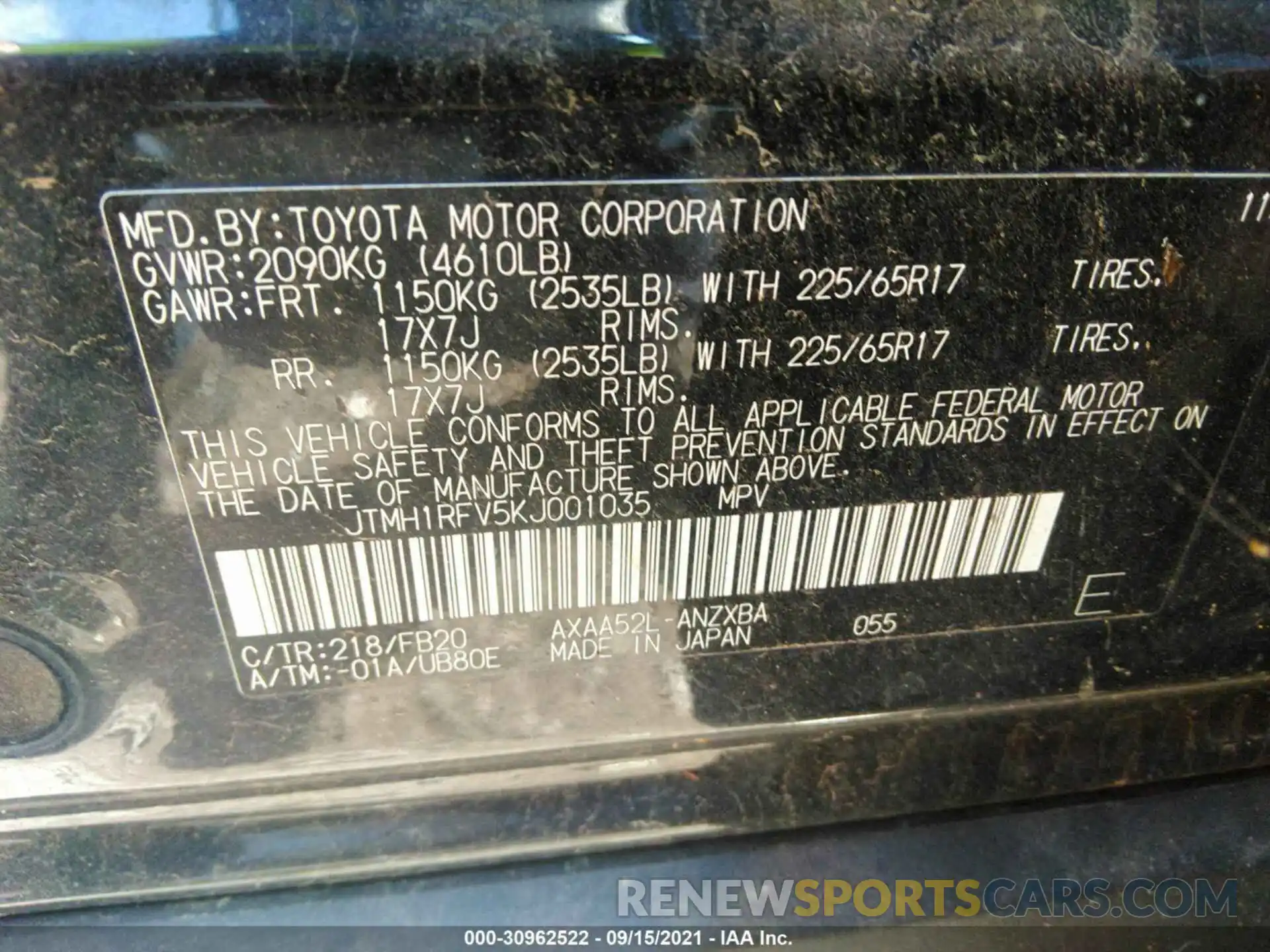 9 Фотография поврежденного автомобиля JTMH1RFV5KJ001035 TOYOTA RAV4 2019