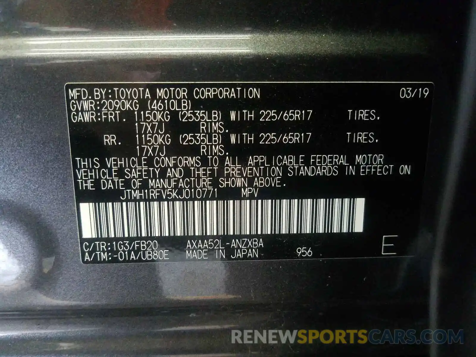 10 Фотография поврежденного автомобиля JTMH1RFV5KJ010771 TOYOTA RAV4 2019