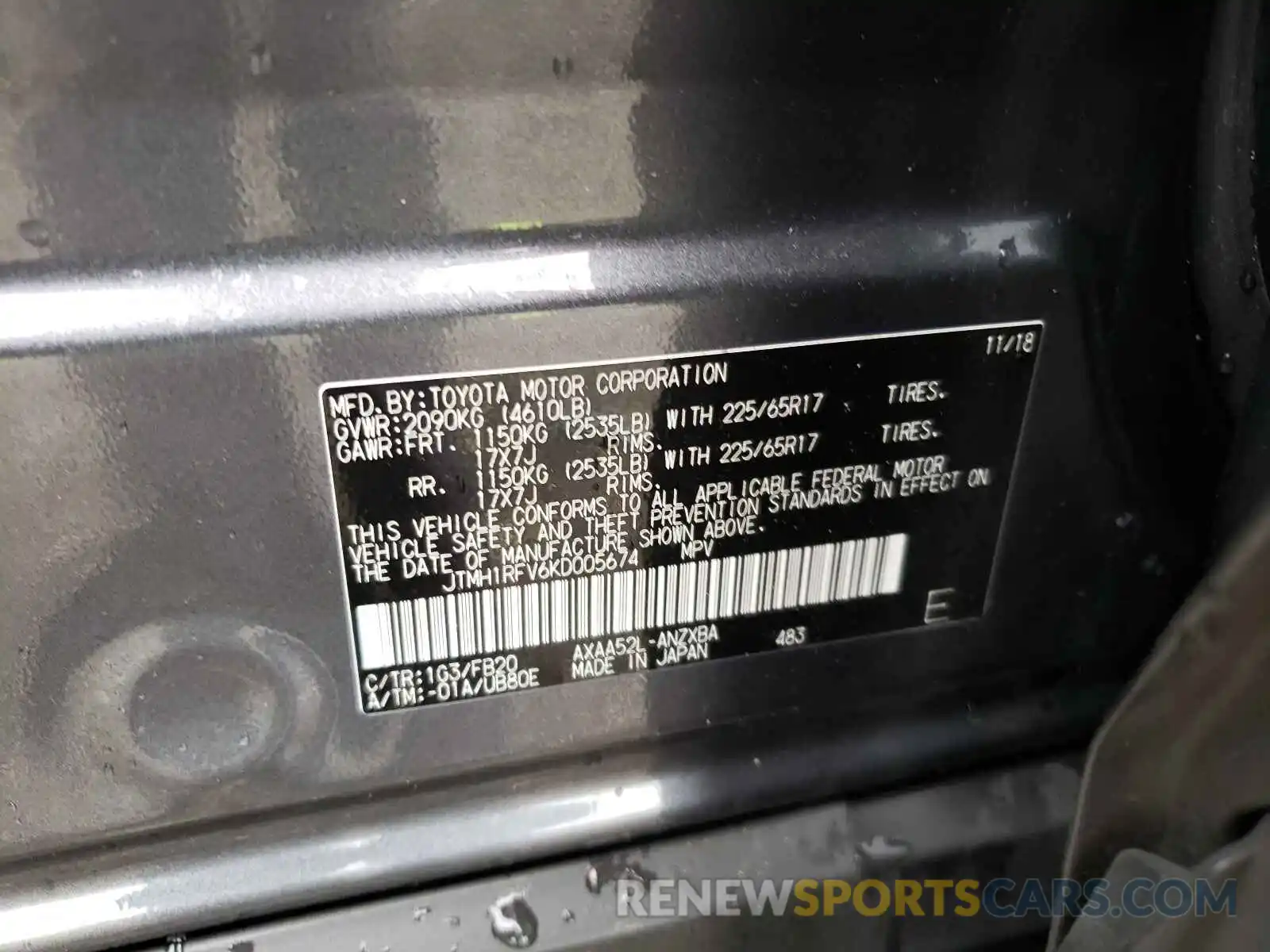 10 Photograph of a damaged car JTMH1RFV6KD005674 TOYOTA RAV4 2019