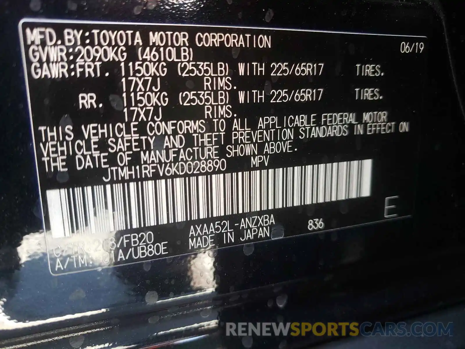 10 Фотография поврежденного автомобиля JTMH1RFV6KD028890 TOYOTA RAV4 2019