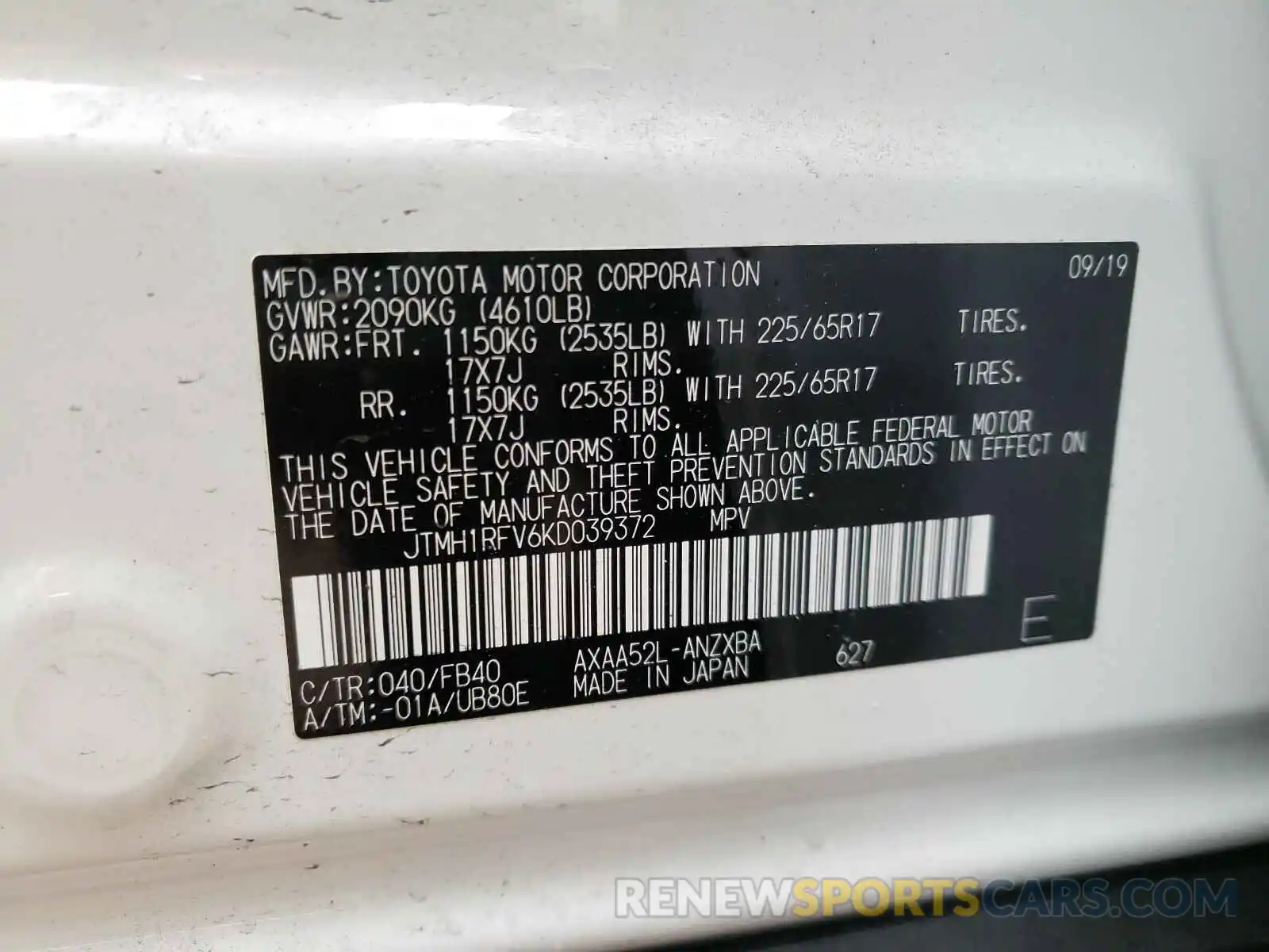 10 Фотография поврежденного автомобиля JTMH1RFV6KD039372 TOYOTA RAV4 2019