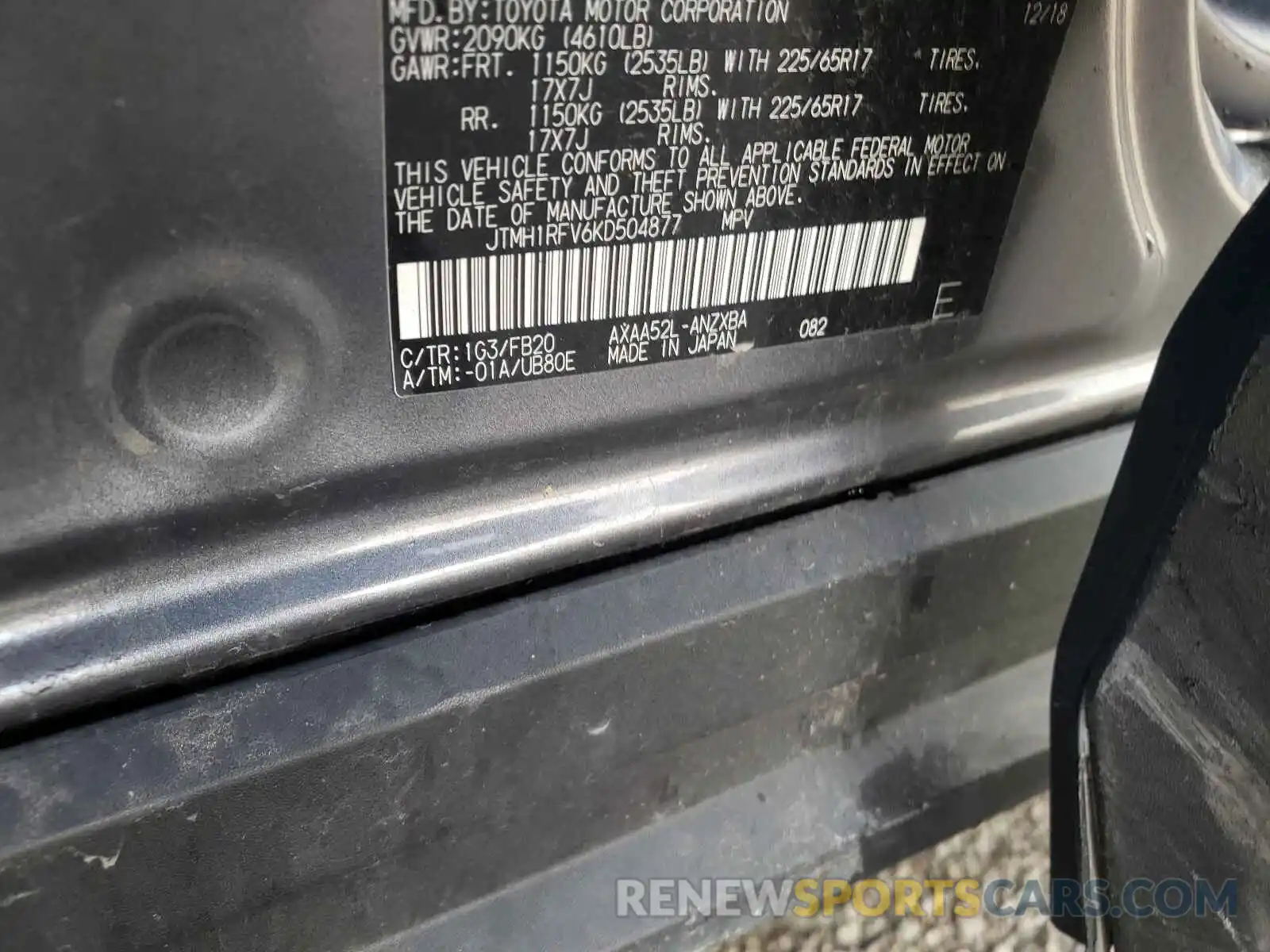 10 Photograph of a damaged car JTMH1RFV6KD504877 TOYOTA RAV4 2019