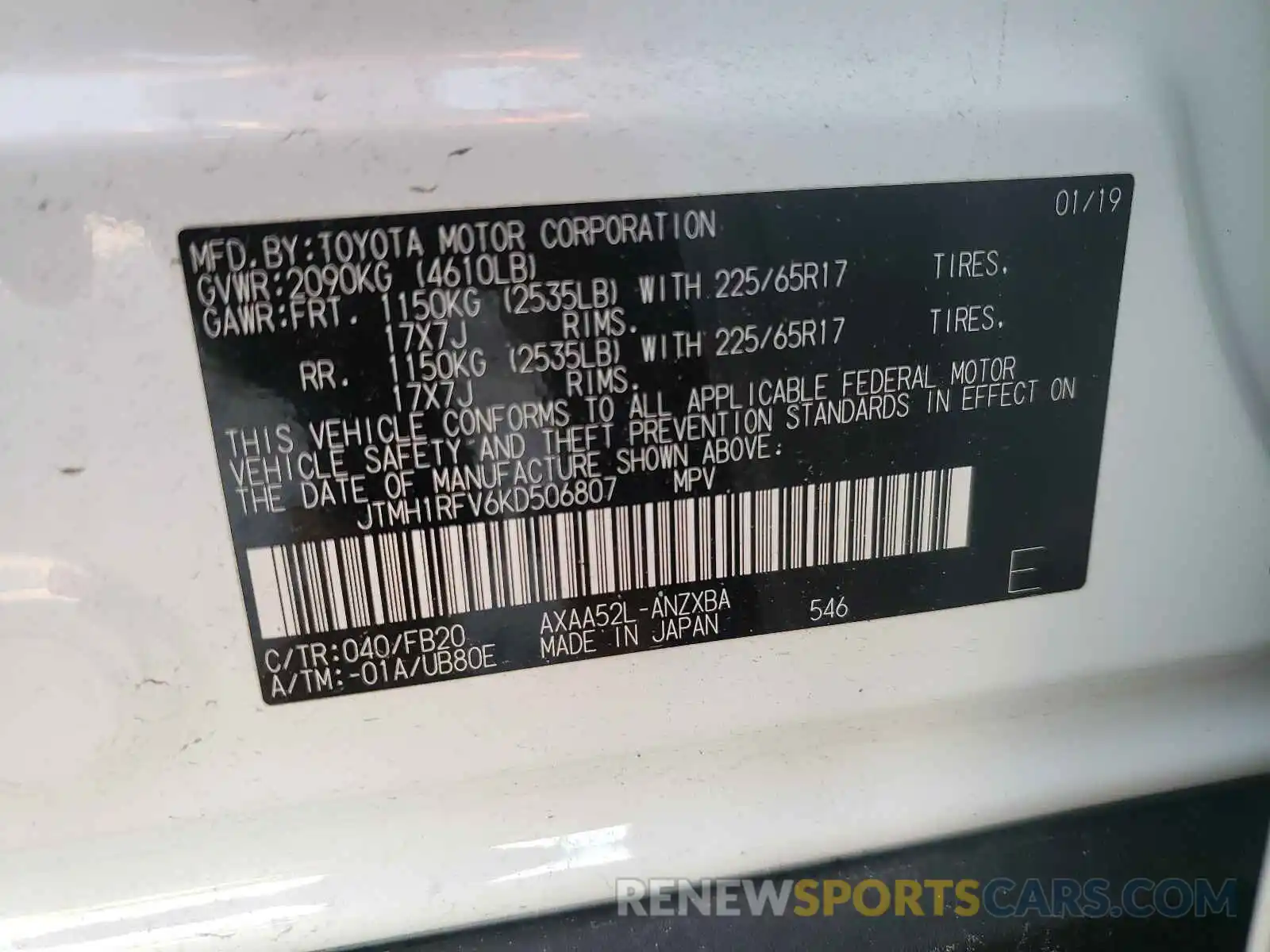 10 Photograph of a damaged car JTMH1RFV6KD506807 TOYOTA RAV4 2019