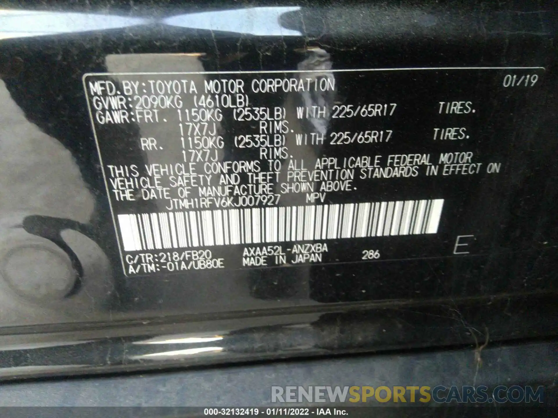 9 Фотография поврежденного автомобиля JTMH1RFV6KJ007927 TOYOTA RAV4 2019