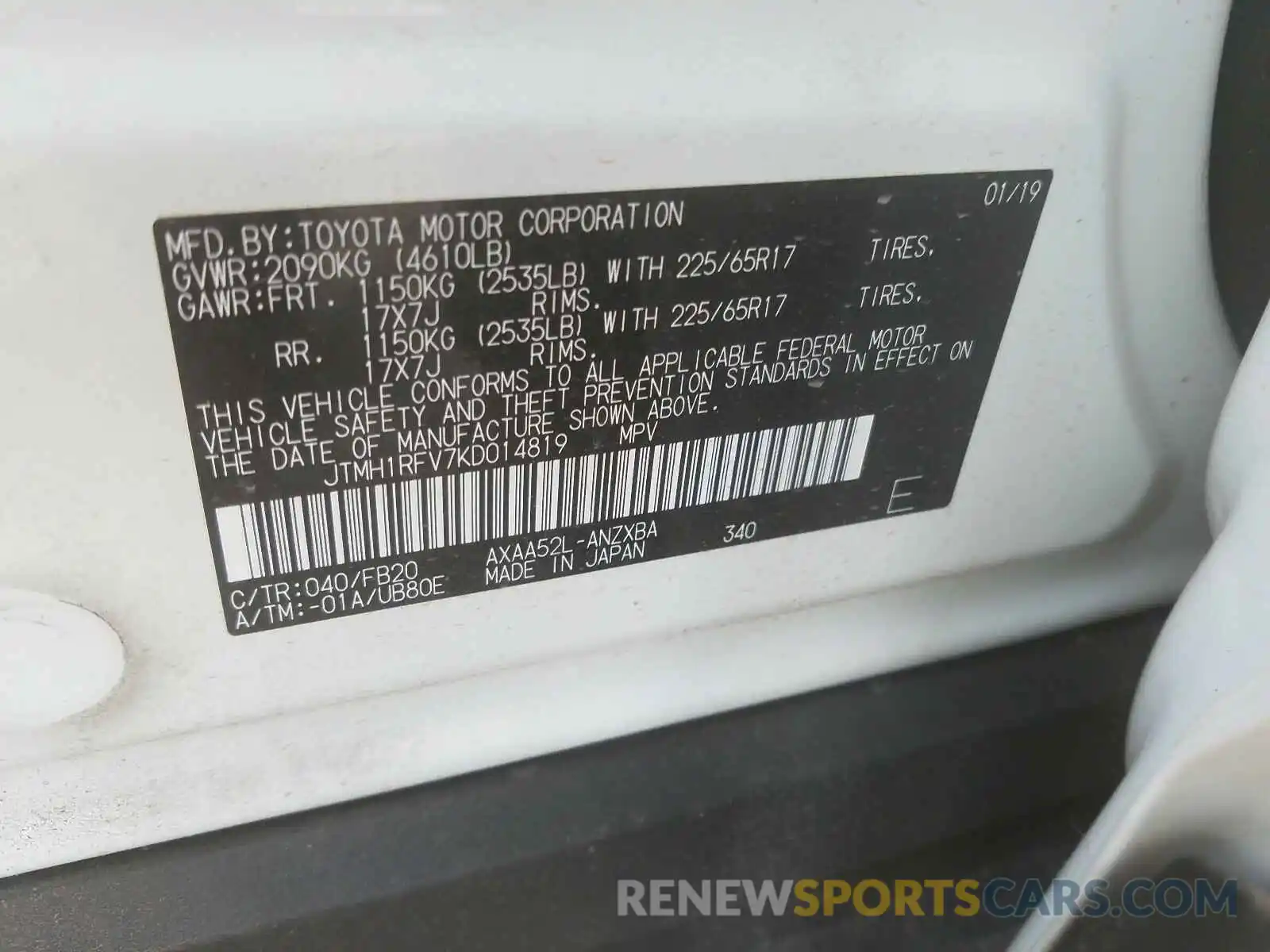 10 Фотография поврежденного автомобиля JTMH1RFV7KD014819 TOYOTA RAV4 2019