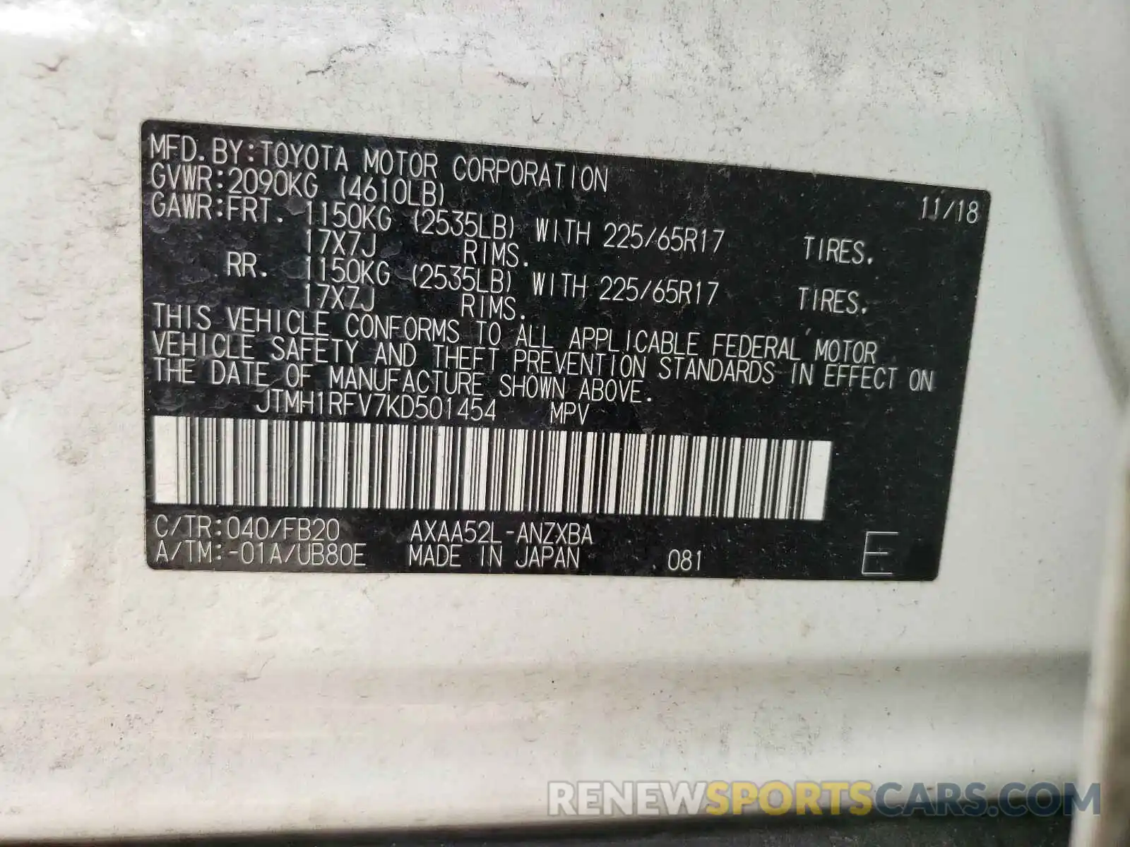 10 Фотография поврежденного автомобиля JTMH1RFV7KD501454 TOYOTA RAV4 2019