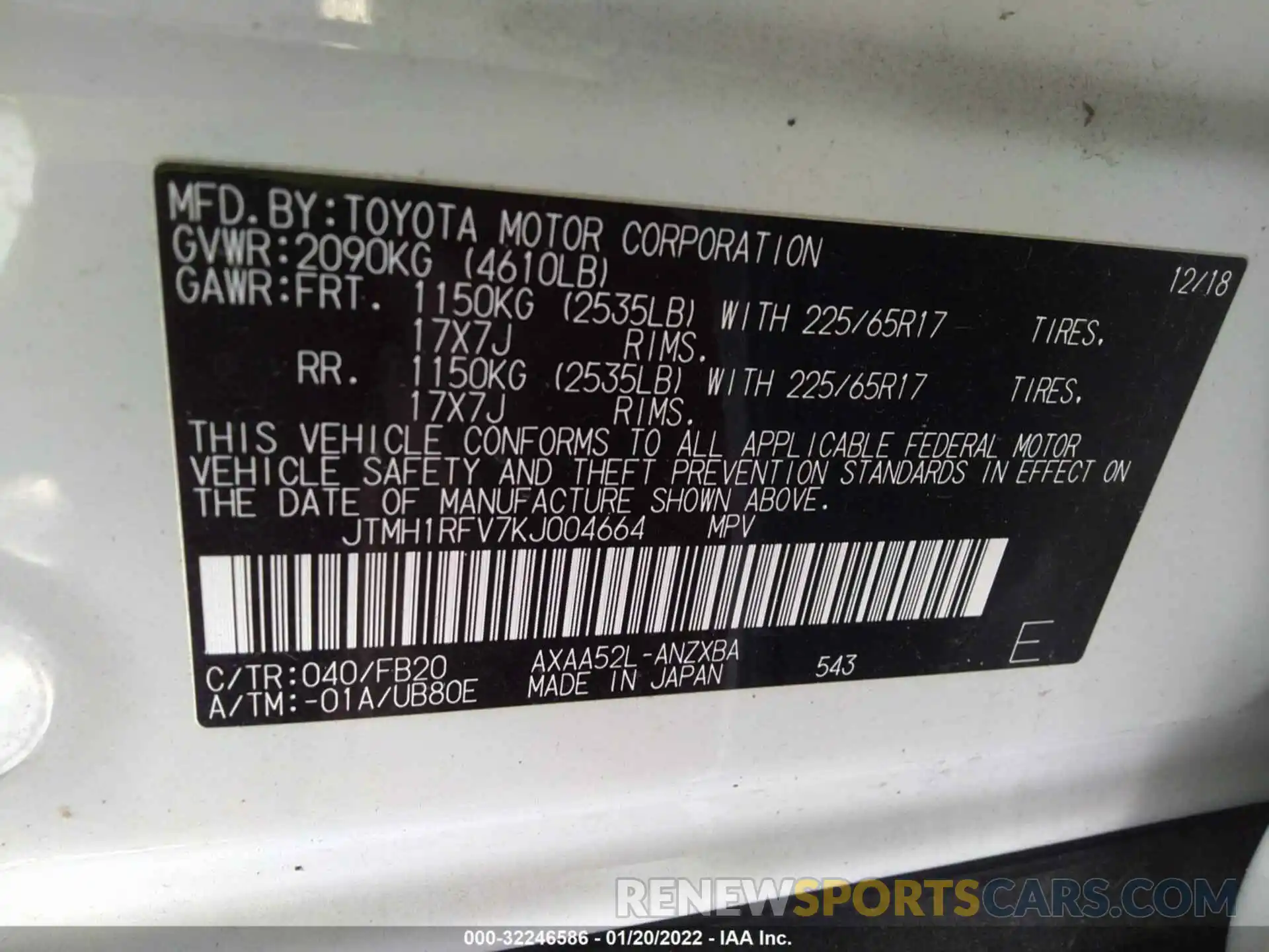 9 Photograph of a damaged car JTMH1RFV7KJ004664 TOYOTA RAV4 2019