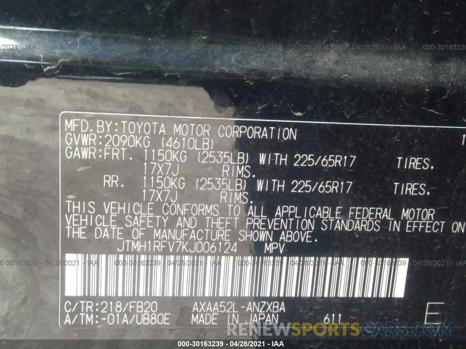 9 Фотография поврежденного автомобиля JTMH1RFV7KJ006124 TOYOTA RAV4 2019