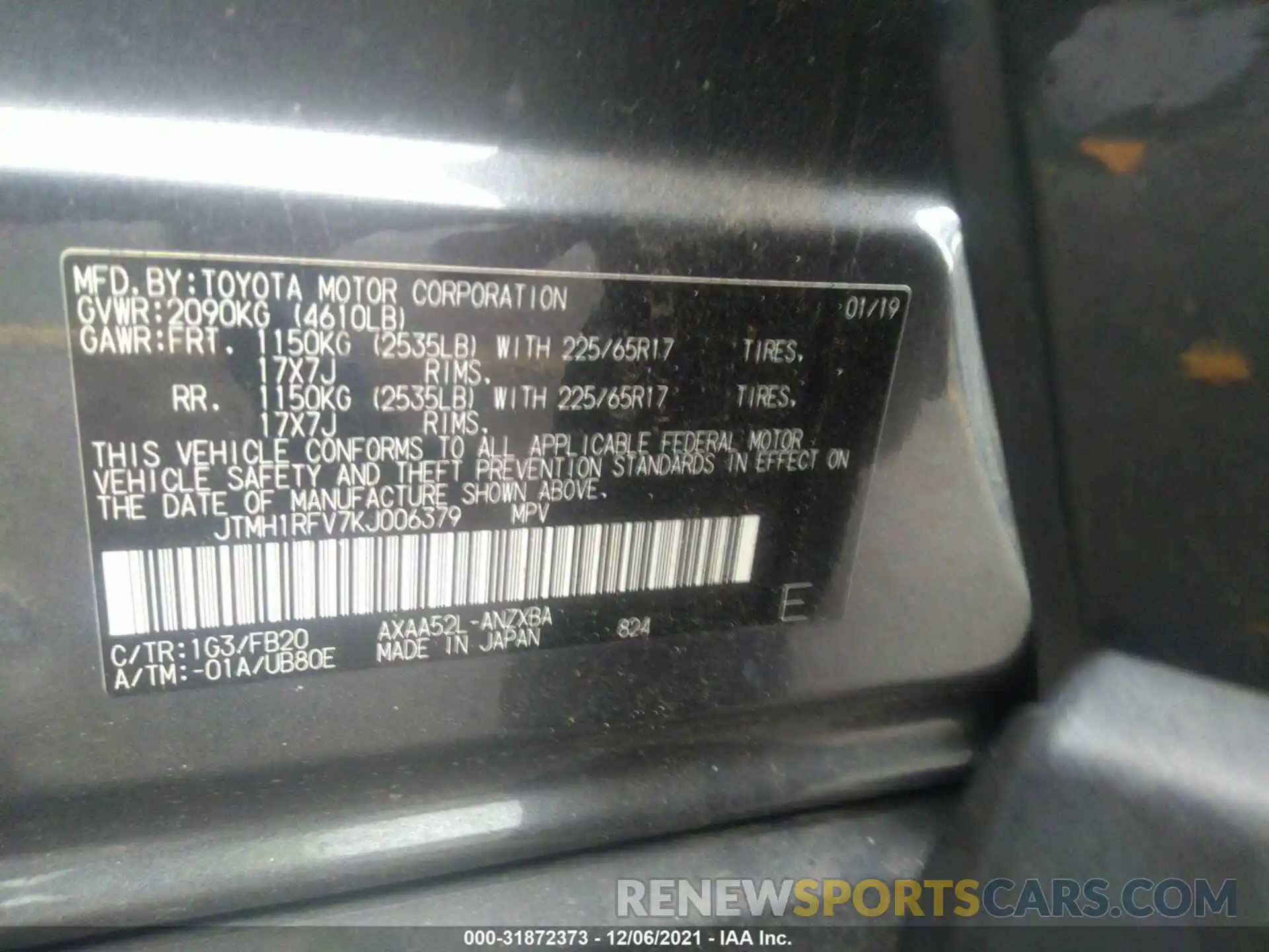 9 Фотография поврежденного автомобиля JTMH1RFV7KJ006379 TOYOTA RAV4 2019