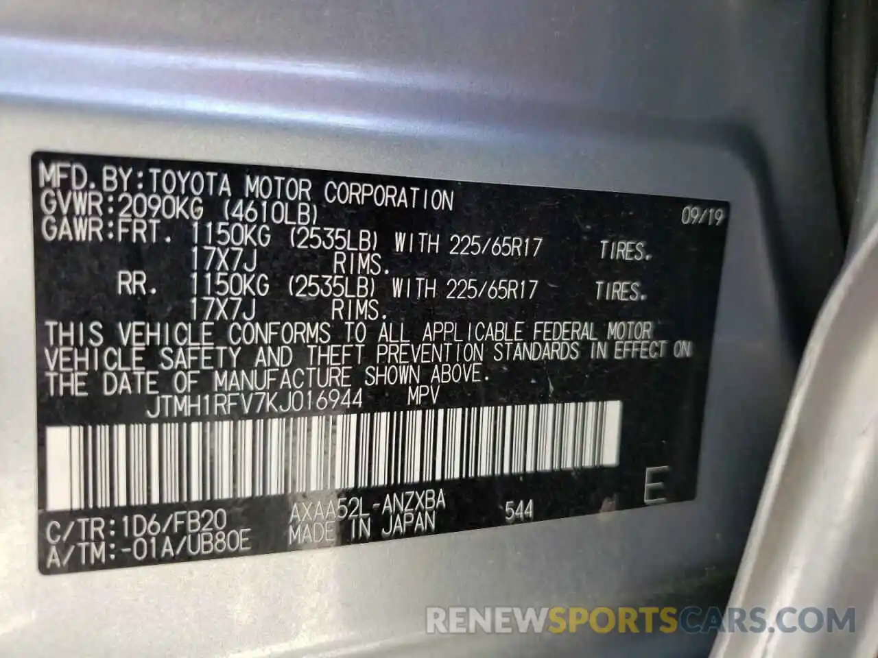 10 Фотография поврежденного автомобиля JTMH1RFV7KJ016944 TOYOTA RAV4 2019