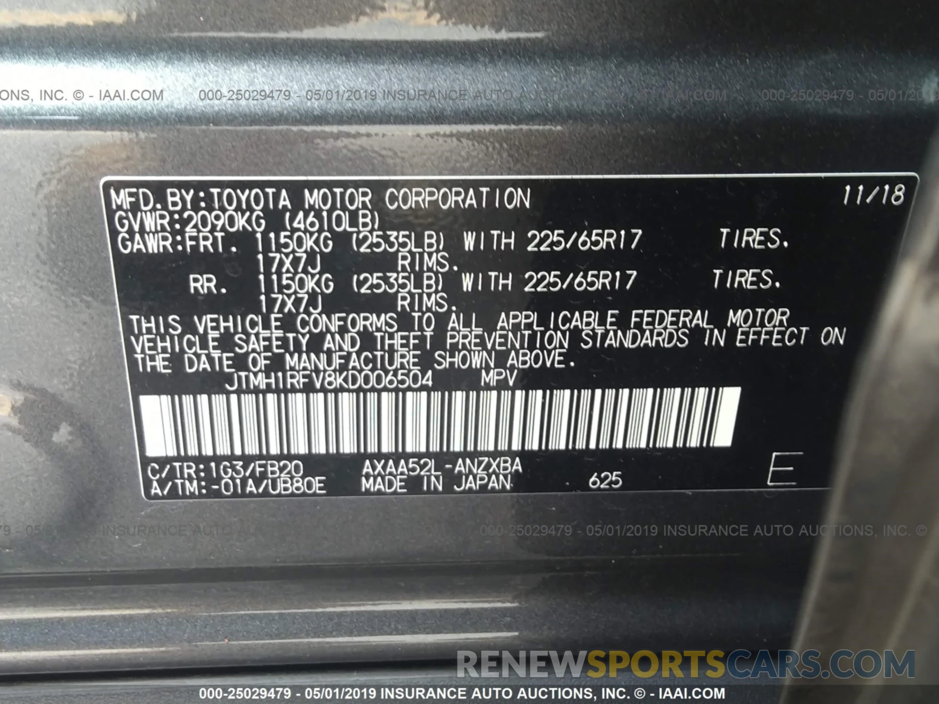 9 Фотография поврежденного автомобиля JTMH1RFV8KD006504 TOYOTA RAV4 2019