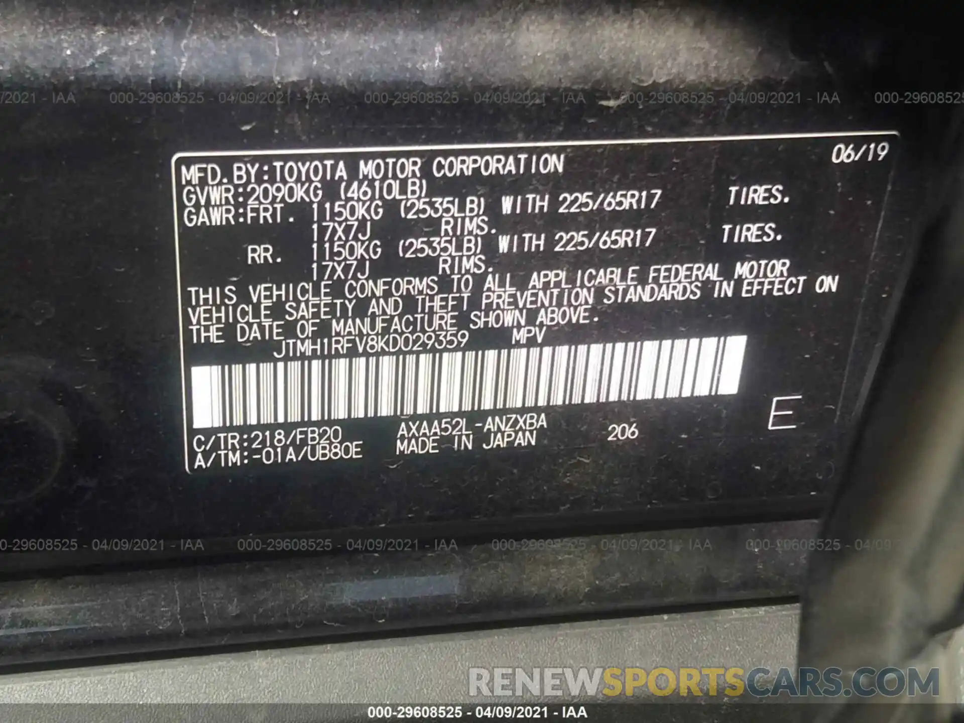 9 Фотография поврежденного автомобиля JTMH1RFV8KD029359 TOYOTA RAV4 2019