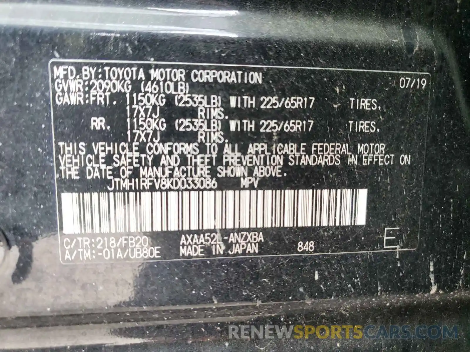 10 Фотография поврежденного автомобиля JTMH1RFV8KD033086 TOYOTA RAV4 2019