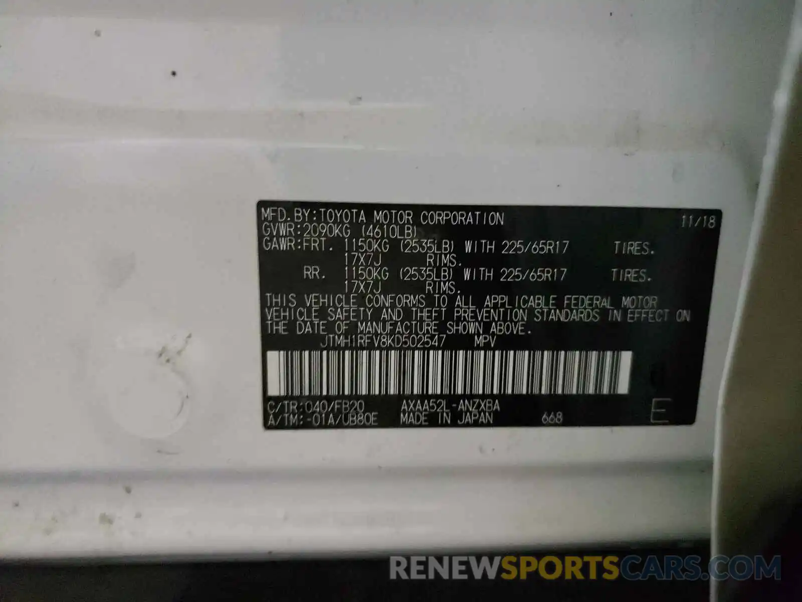 10 Photograph of a damaged car JTMH1RFV8KD502547 TOYOTA RAV4 2019