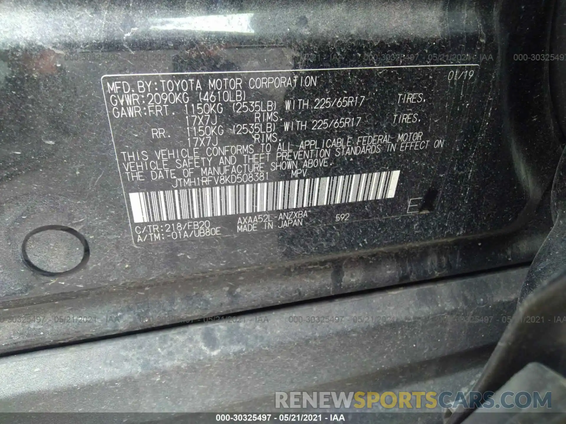 9 Фотография поврежденного автомобиля JTMH1RFV8KD508381 TOYOTA RAV4 2019