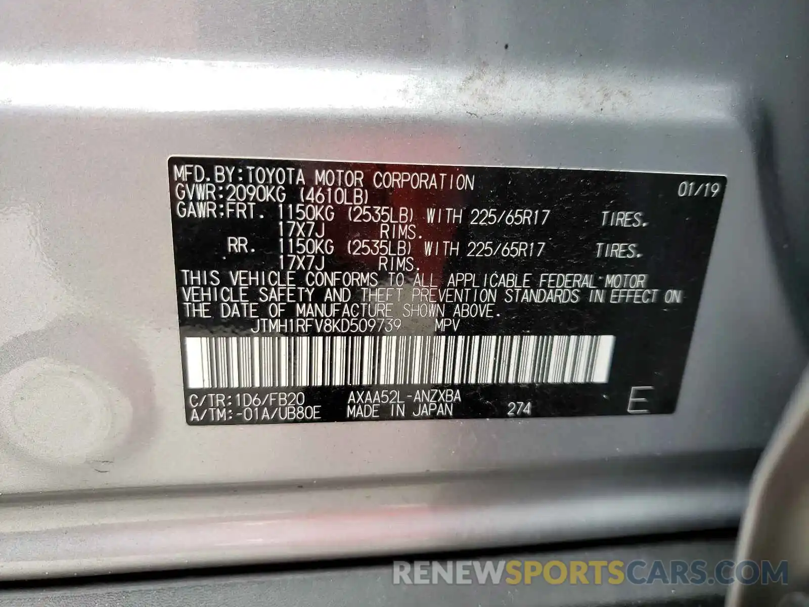 10 Photograph of a damaged car JTMH1RFV8KD509739 TOYOTA RAV4 2019