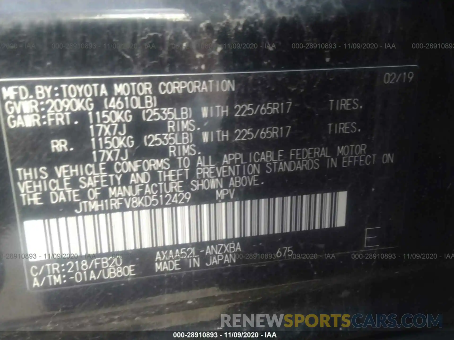 9 Фотография поврежденного автомобиля JTMH1RFV8KD512429 TOYOTA RAV4 2019