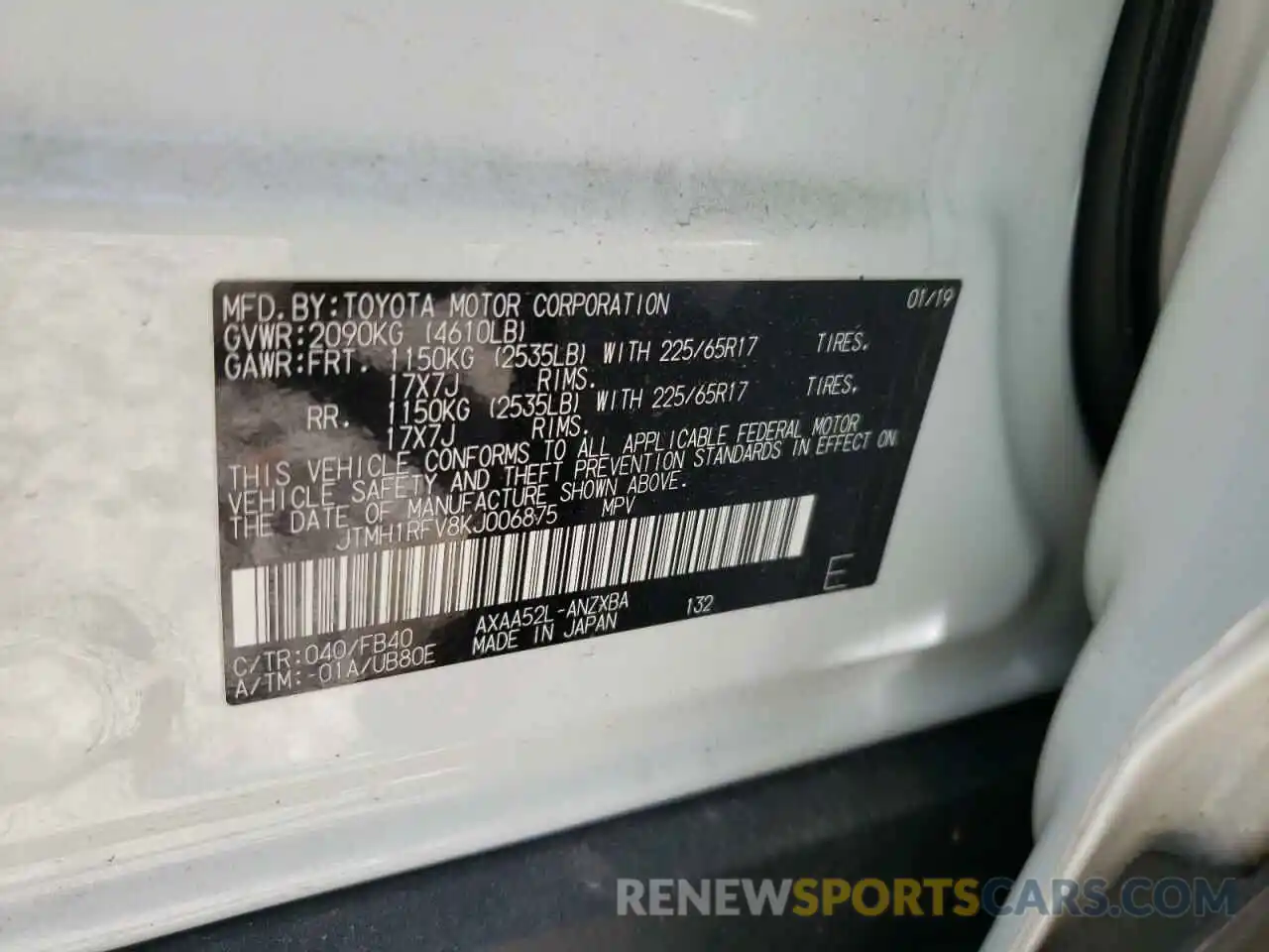 10 Photograph of a damaged car JTMH1RFV8KJ006875 TOYOTA RAV4 2019