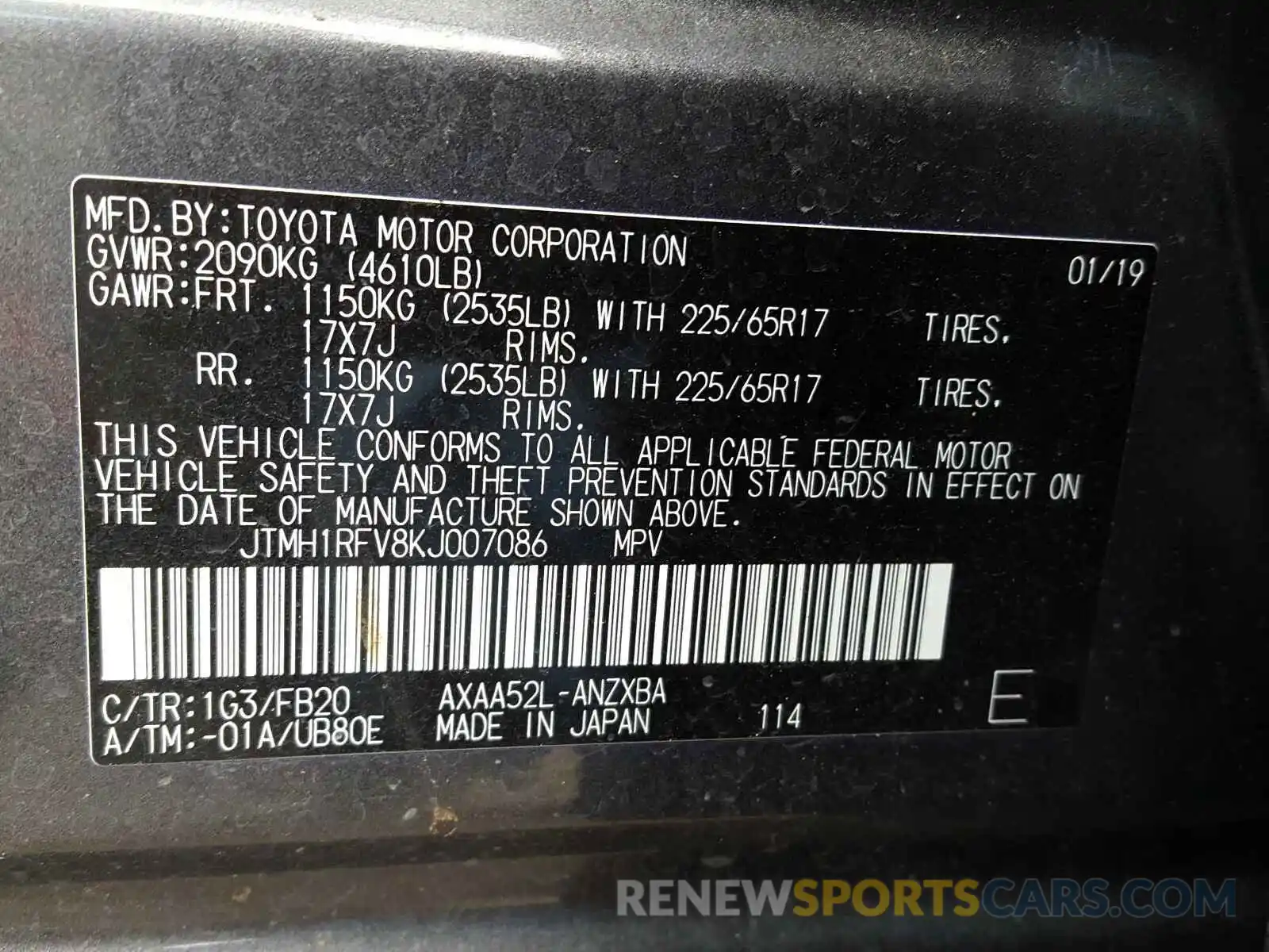 10 Фотография поврежденного автомобиля JTMH1RFV8KJ007086 TOYOTA RAV4 2019