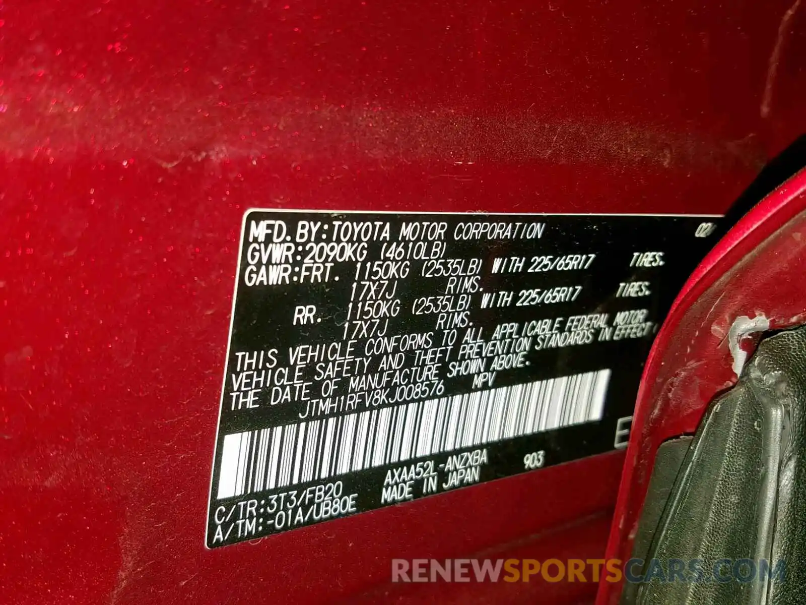 10 Photograph of a damaged car JTMH1RFV8KJ008576 TOYOTA RAV4 2019