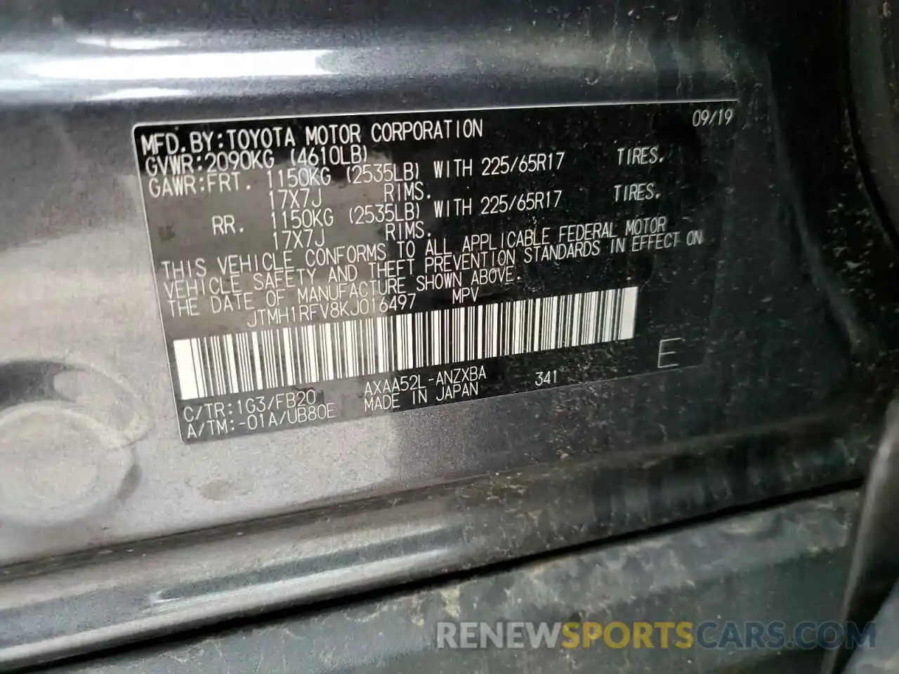 12 Фотография поврежденного автомобиля JTMH1RFV8KJ016497 TOYOTA RAV4 2019