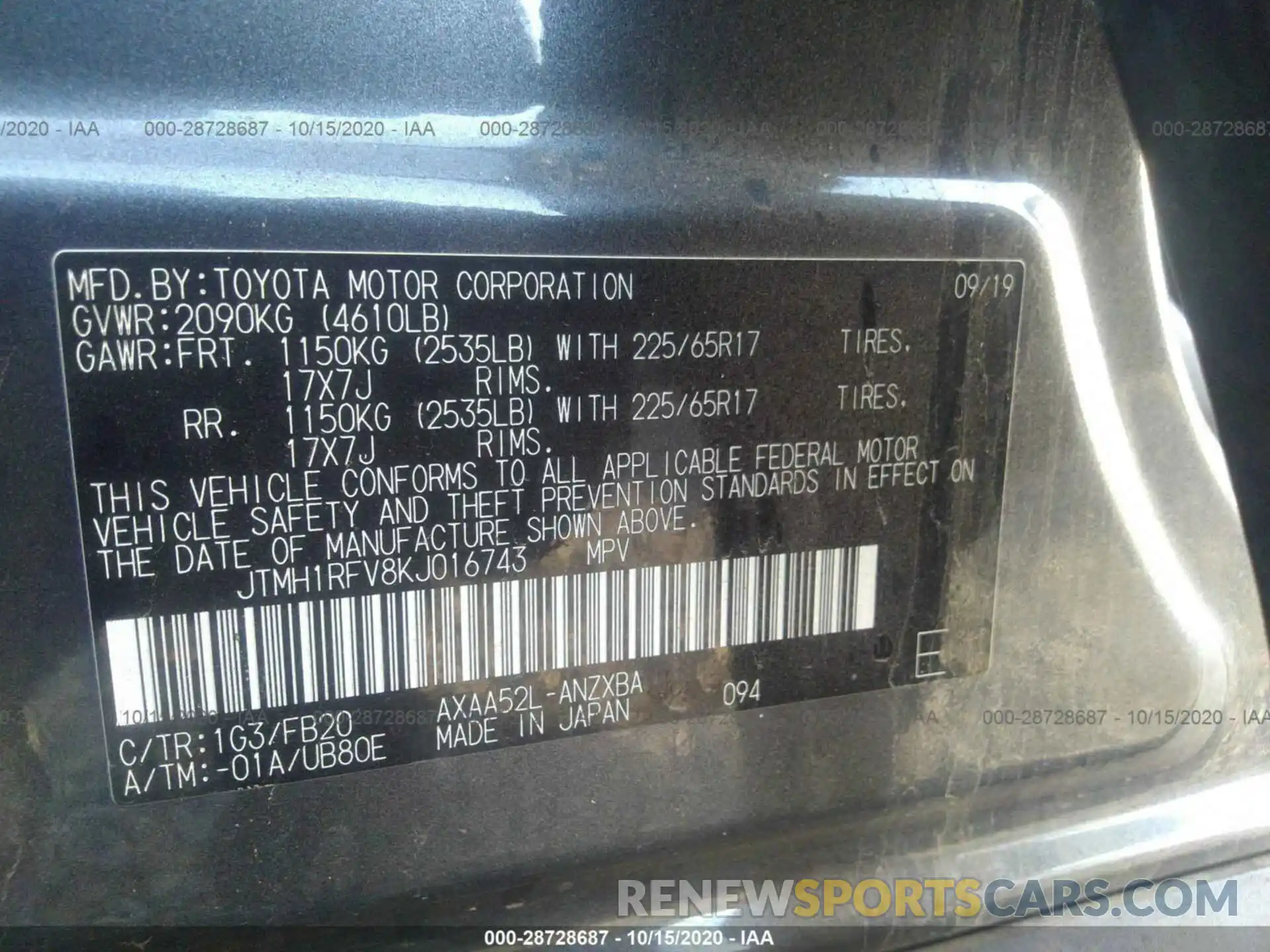 9 Фотография поврежденного автомобиля JTMH1RFV8KJ016743 TOYOTA RAV4 2019