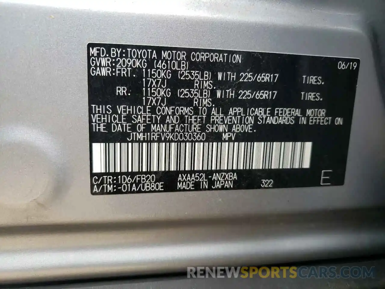 10 Фотография поврежденного автомобиля JTMH1RFV9KD030360 TOYOTA RAV4 2019