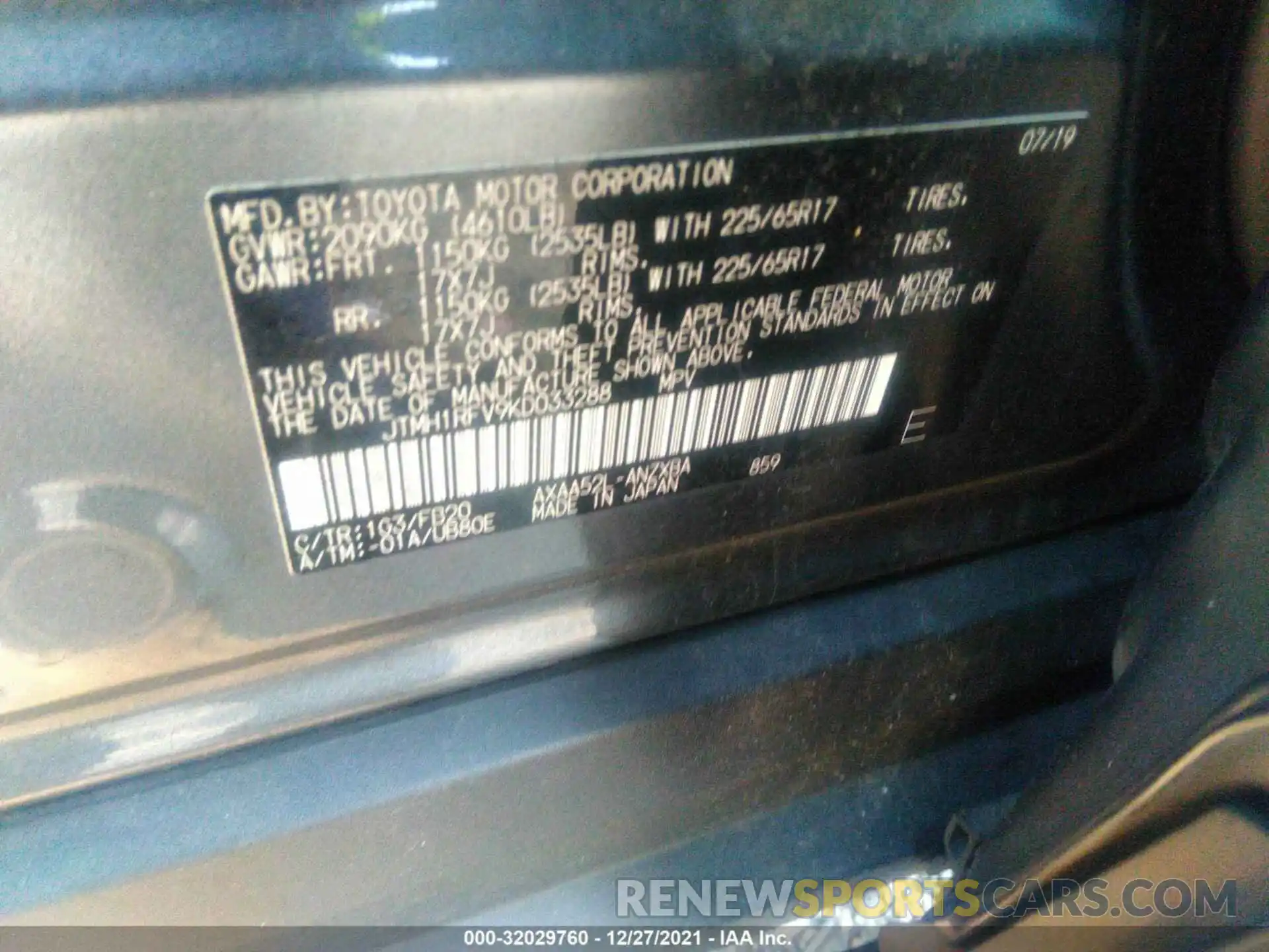 9 Фотография поврежденного автомобиля JTMH1RFV9KD033288 TOYOTA RAV4 2019