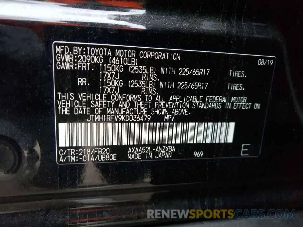 10 Фотография поврежденного автомобиля JTMH1RFV9KD036479 TOYOTA RAV4 2019