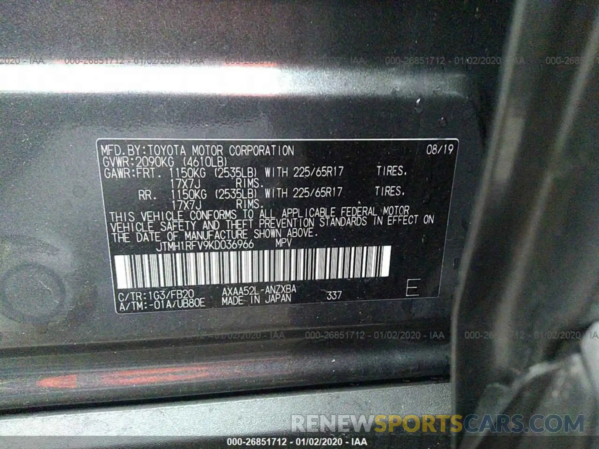 9 Фотография поврежденного автомобиля JTMH1RFV9KD036966 TOYOTA RAV4 2019